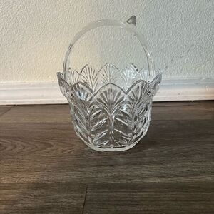 Vintage Crystal Glass Clear Handled Basket Leaf Design 8"Tall